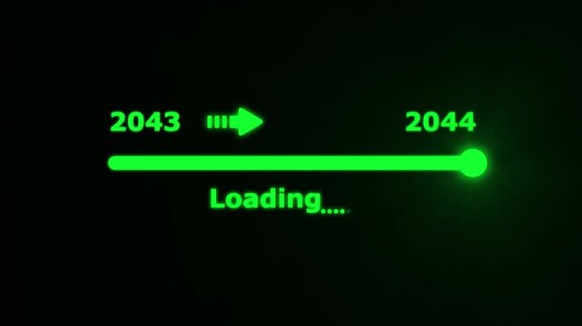 Futuristic white progress bar visually the transition from 2043 to 2044 with a bright slider and arrow on a black background. embodying future progress and technological advancement.