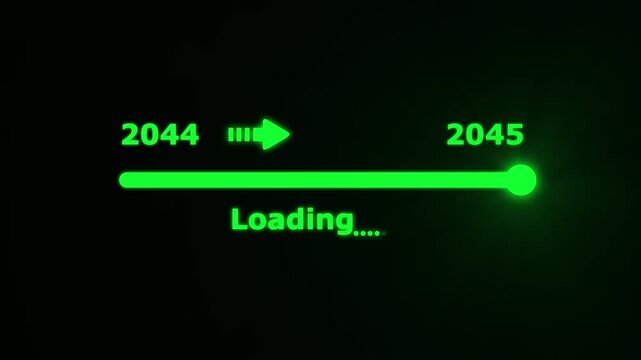 Futuristic white progress bar visually the transition from 2044 to 2045 with a bright slider and arrow on a black background. embodying future progress and technological advancement.