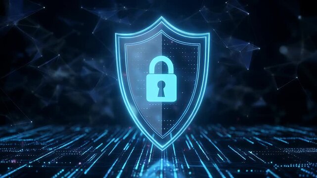 A shield with a padlock is prominently displayed on a futuristic digital background with glowing blue lines.