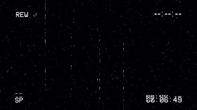 Vertical Retro VHS Rewind Animation with Glitch Static Overlay, REW Text, Timecode, and Analog Tape Distortion on Black Background Seamless Loop 4K 4k video animation seamless loop