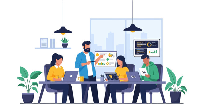 Team collaborating in a modern office meeting room.