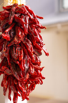 ristra of chili peppers or string if chillies or red peppers hung or hanging outside an exterior front porch of a home in new mexico traditional outdoor food home decor or way of drying chilli peppers