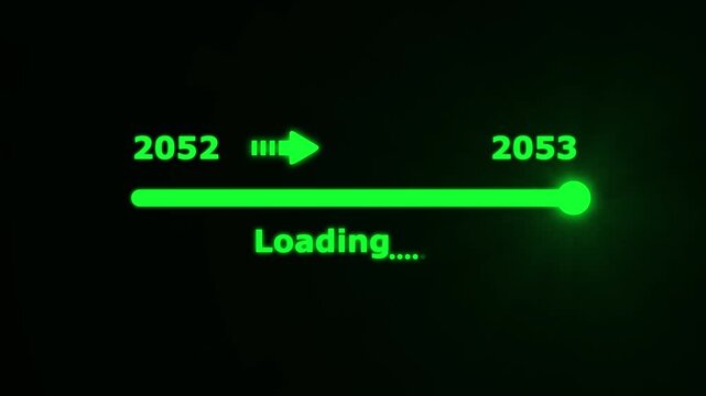 Futuristic white progress bar visually the transition from 2052 to 2053 with a bright slider and arrow on a black background. embodying future progress and technological advancement.