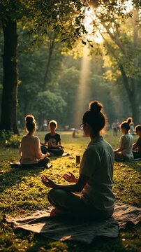Concept of wellness and mindfulness, people meditating together outdoors in a sunlit park during summer for relaxation themed design, card, poster, background.