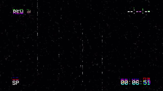 VHS Tape Rewind Screen Overlay with Retro Glitch Static Analog Distortion and Timecode Counter 4K 4k video animation seamless loop