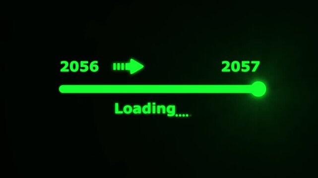 Futuristic white progress bar visually the transition from 2056 to 2057 with a bright slider and arrow on a black background. embodying future progress and technological advancement.
