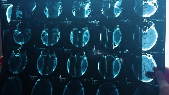 Brain imaging scans showing multiple axial and coronal views of a human head for medical diagnosis and neurological study, displaying anatomy and internal structures during a diagnostic procedure