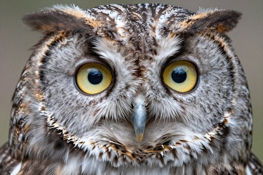 A close up of an owl with yellow eyes