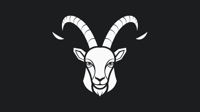 Stylized White Goat Head with Large Curved Horns on Black Background.