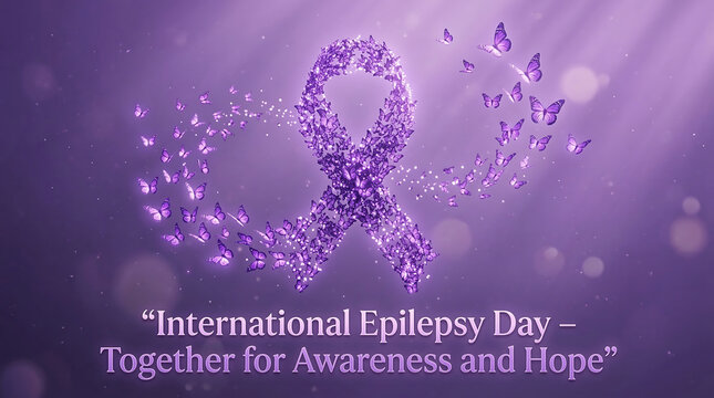 Purple ribbon with butterflies on international epilepsy day for awareness and hope