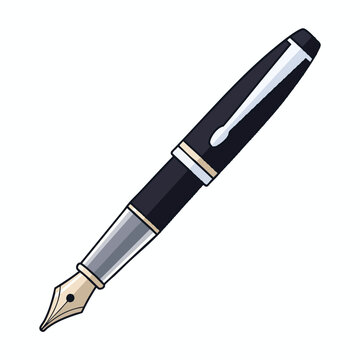 A classic black fountain pen with a silver and gold nib, angled on white