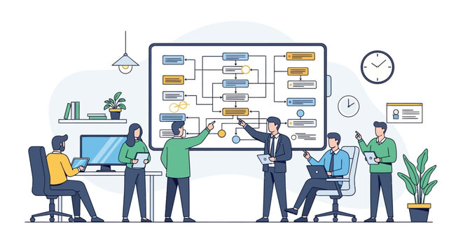Team collaborating on a complex flowchart diagram in a modern office setting.