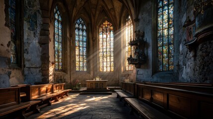 Fototapeta premium Serene Interior of an Ancient Church with Colorful Stained Glass Windows and Soft Sunlight Filtering Through