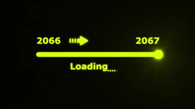 Futuristic white progress bar visually the transition from 2066 to 2067 with a bright slider and arrow on a black background. embodying future progress and technological advancement.