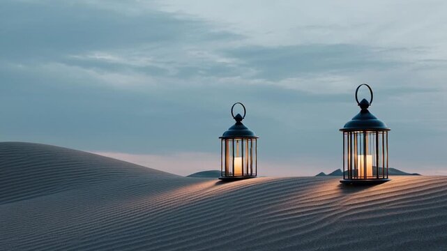 Two lanterns on sand dunes at dusk.