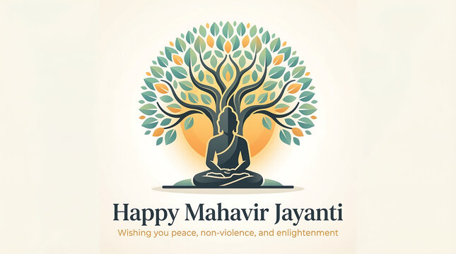 Mahavir jayanti celebration with meditating figure under tree symbolizing spiritual growth and enlightenment