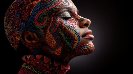 Obraz premium Vibrant and Colorful Body Art on Model's Face Representing Diverse Cultural Patterns and Expressions of Identity