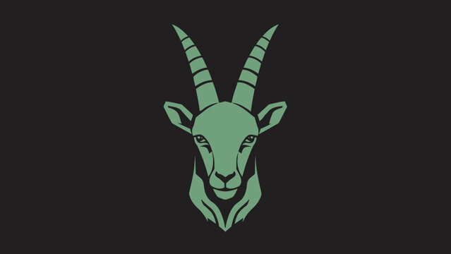 Stylized Illustration of a Green Ibex Head with Large Horns.