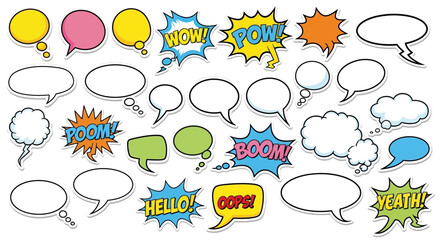 Colorful comic book speech bubbles and explosions on transparent background silhouette © Hridoy