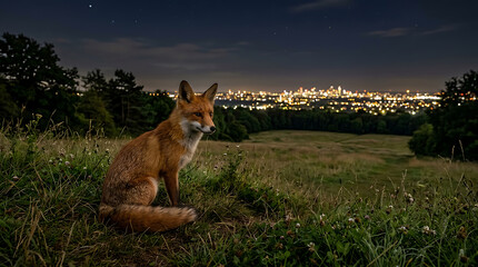 Fototapeta premium Red Fox Sits in Field Overlooking City Lights at Night.