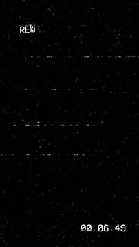 Vertical VHS Rewind Screen with REW Icon Timecode Static Noise and Analog Glitch Overlay 4k video animation seamless loop