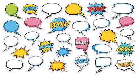 Colorful comic speech bubbles and sound effects on transparent background silhouette © Hridoy
