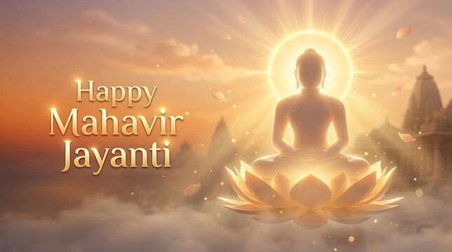 Meditating buddha statue on lotus flower at sunrise with temple background happy mahavir jayanti greeting