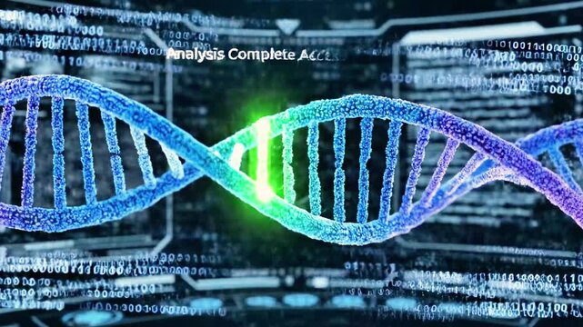 A vibrant, double-stranded helix model against a backdrop of blurred computer code and green accents