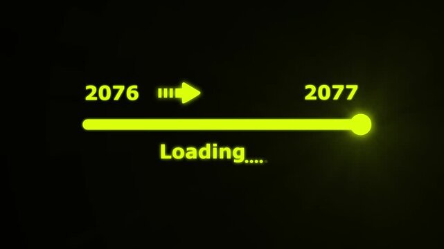Futuristic white progress bar visually the transition from 2076 to 2077 with a bright slider and arrow on a black background. embodying future progress and technological advancement.