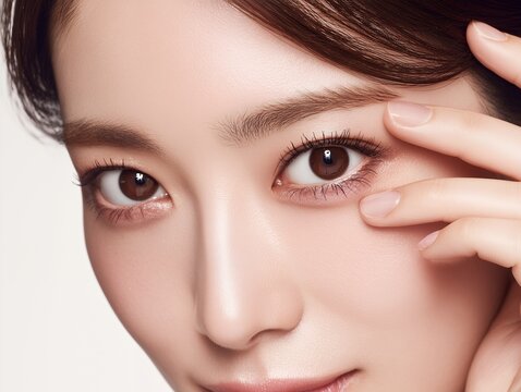 ぱっちりとした大きな目元でカメラを見つめる美しい女性の顔のアップとスキンケアイメージ