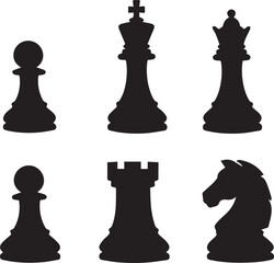 Classic black chess pieces including pawns, rooks, queens, and a knight Vector, illustration © MSTJESMIN
