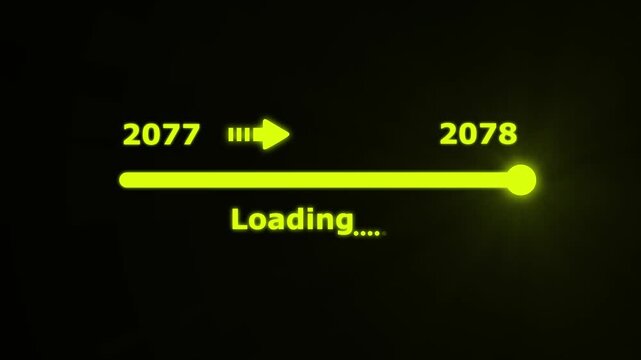 Futuristic white progress bar visually the transition from 2077 to 2078 with a bright slider and arrow on a black background. embodying future progress and technological advancement.