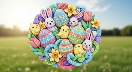 Colorful Easter Celebration with Bunnies, Eggs, and Flowers