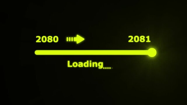 Futuristic white progress bar visually the transition from 2080 to 2081 with a bright slider and arrow on a black background. embodying future progress and technological advancement.