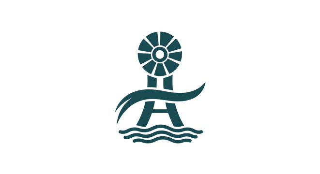Stylized windmill icon with water and wave elements.