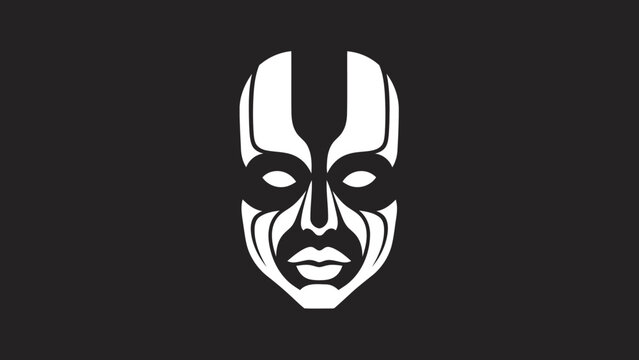 Stylized Tribal Mask with Bold Lines and Dark Background.