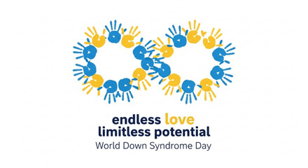 Fototapeta premium World down syndrome day awareness ribbon with blue and yellow hands forming a heart shape symbolizing endless love and limitless potential on white background