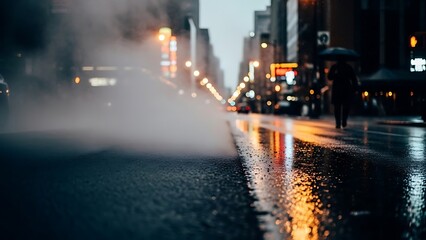 Obraz premium Rainy city street at dusk with fog and lights reflecting