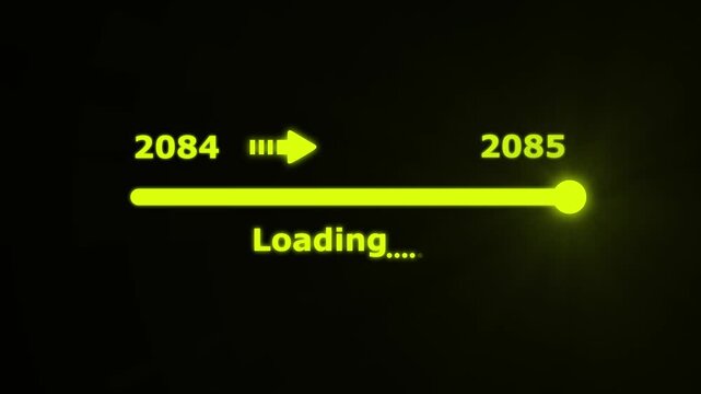 Futuristic white progress bar visually the transition from 2084 to 2085 with a bright slider and arrow on a black background. embodying future progress and technological advancement.