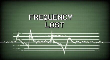 Naklejka premium Retro screen displays 'frequency lost' with stark white waveform and lines with frequency with lost with screen.
