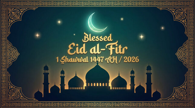 Atmospheric Eid al-Fitr Greeting with Mosque Silhouette and Moon