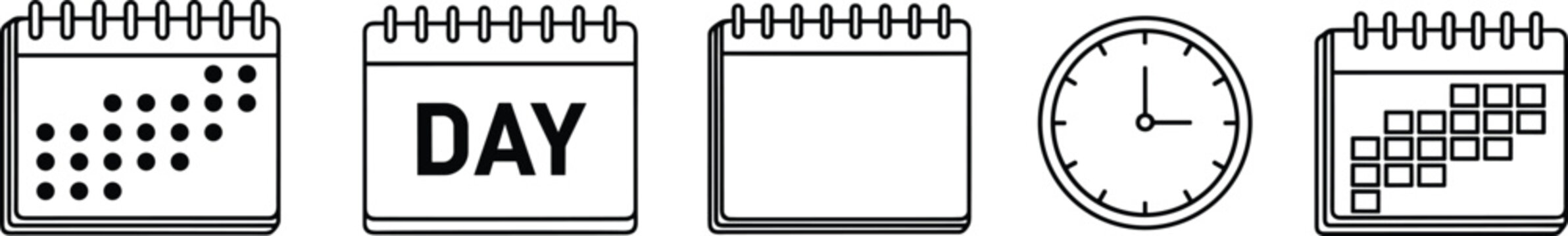 Calendar and clock line icon set for appointment scheduling, time management, and date planning services.