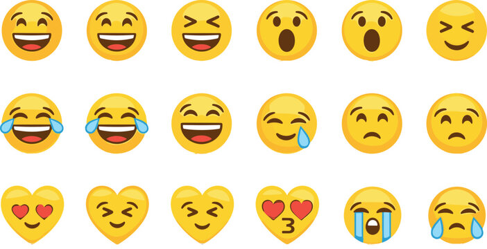 Emoji icon set, yellow smiley faces, emoticons, happy, sad, laughing, heart eyes, crying, surprised, digital communication, social media, vector illustration.