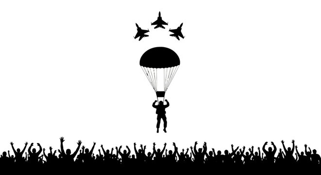 Paratrooper Jumps from Plane with Jets Flying Overhead, Crowd Cheers Below