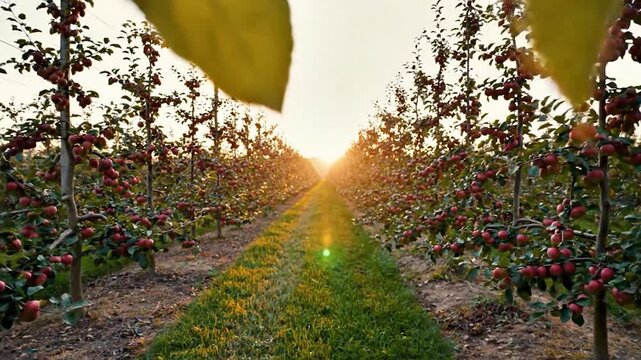 Rows of ripe red apples hang from branches in a sunny orchard at sunset