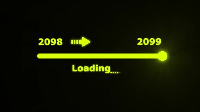 Futuristic white progress bar visually the transition from 2098 to 2099 with a bright slider and arrow on a black background. embodying future progress and technological advancement.
