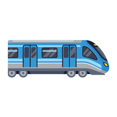 Sleek blue and gray train with dark windows and doors