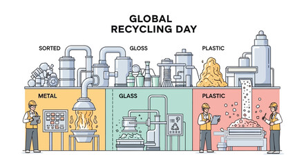 Obraz premium Illustration of a recycling process on Global Recycling Day 2026 with workers sorting metal, glass, and plastic materials in a sustainable recycling practice.