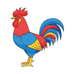 Vibrant cartoon rooster with red comb, blue body, and colorful tail