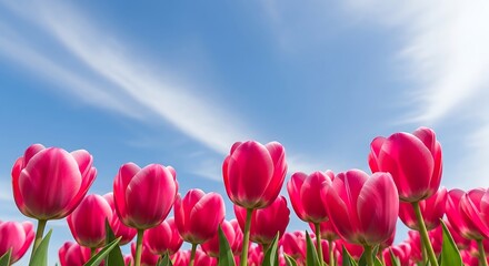 Wide Field of Pink Tulips under Summer Sky